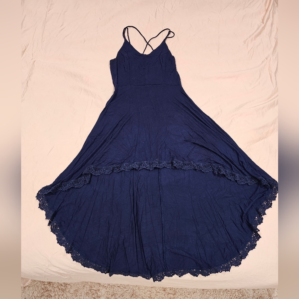 Navy Blue High-Low Strappy Dress with Lace Bottom (Charlotte Russe, Size XL)